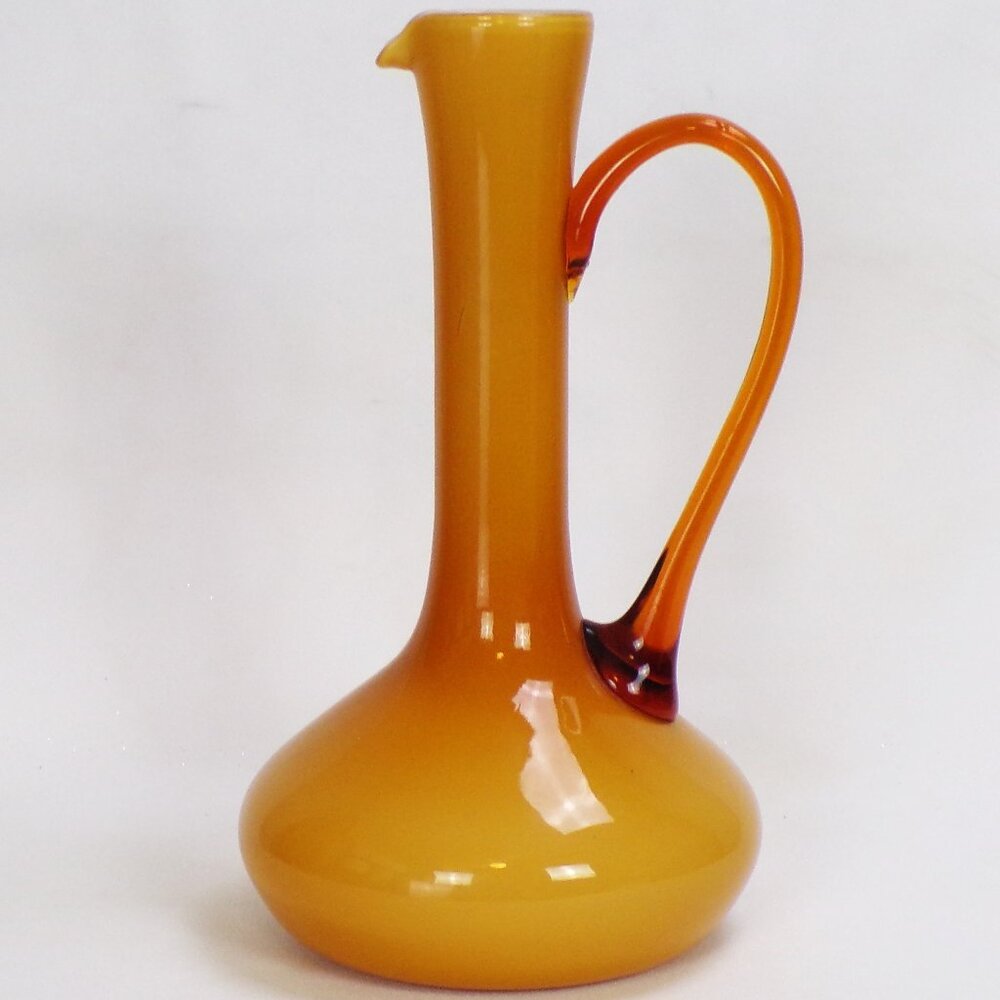 EMPOLI pitcher cased glass yellow/white applied amber handle 12.25" high 8" wide